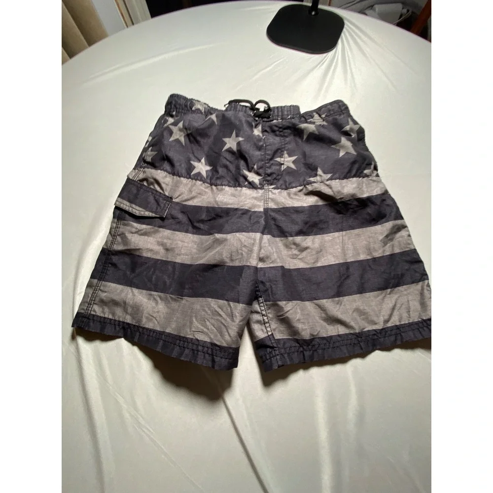 Kanu Surf Mens American Flag Swim Trunks Gray Black Stars Stripes Large 14/16